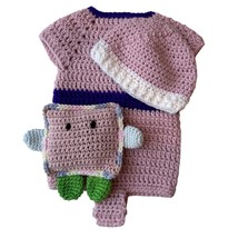 Crocheted Baby Jumper Hat Stuffed Toy Pink Grannycore Shower Gift Handmade - £17.75 GBP