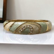 Jin Long Xing Gold Tone Hinged Bracelet Beige Pale Green Enamel Rhinestones 8.5” - £11.79 GBP