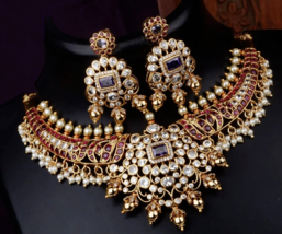 Indisch Cz Vergoldet Bollywood Stil Halskette Rubin Perle Braut Schmuck Set - £74.18 GBP