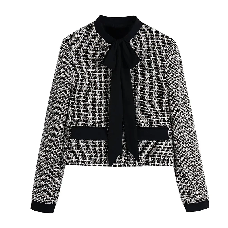 KBAT  Bow Tweed Blazer Women Vintage Cropped Jacket Woman Rhinestone Button Eleg - £150.08 GBP