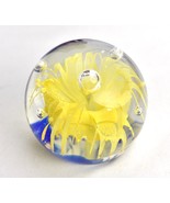 Vintage Glass Art Paperweight Controlled Bubble Flower Yellow Blue White - £35.04 GBP