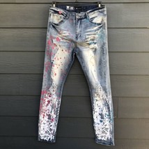 Waimea Jeans mens 32 Skinny Fit Blue Stretch Distressed Denim grafitti p... - $31.66