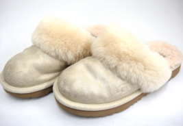 Girls Size 3 Ugg Slippers Shearling Lined Trimmed Gold White Metallic Good - $23.50