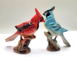 Two Plastic Cardinal Figurines Vintage About 2.75&quot; Blue &amp; Red - £7.96 GBP