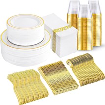 350 Pcs Gold Dinnerware Set, Plastic Plates Disposable For 50 Guests Include:50 - $68.99