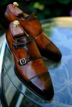 Men&#39;s Handmade Brown Monk Strap Leather Oxford Formal Dress Wedding Shoes - $128.69