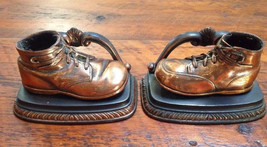 Pair Vtg Mason Masterpieces Heirloom Copper Mounted Baby Shoes Booties Book Ends - £44.81 GBP