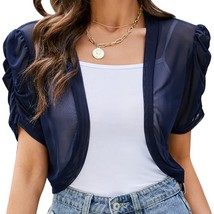 Womens See-Through Open Front Chiffon Shrug Ruched Short Sleeve Cropped Cardigan - £162.61 GBP