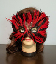 Red &amp; Black Feather Eye Mask Mascarade Party Mardi Gras Halloween - £15.78 GBP