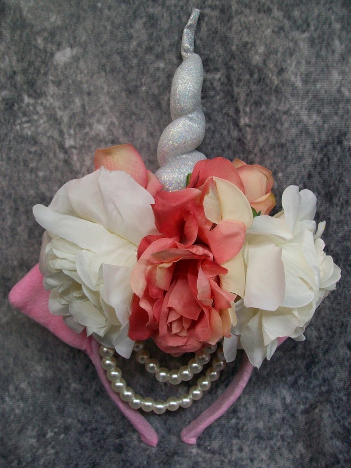 Fancy Unicorn Horn Flower Crown Headband w/ Ears Pearl Strands Fantasy Magical Item image 14
