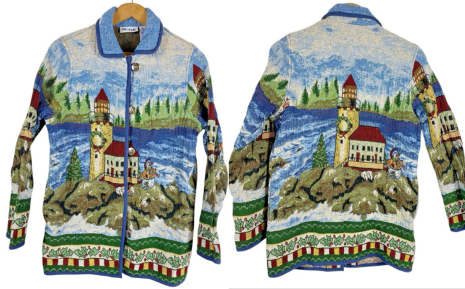 Lighthouse Tapestry Coat Jacket Christmas Art to Wear Grandmacore Size S... - $59.49