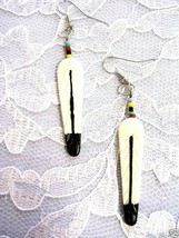 Tribal Feather Hand Painted Natural Carved Usa Bison Bone Dangling Earrings - £7.86 GBP