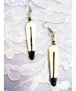 TRIBAL FEATHER HAND PAINTED NATURAL CARVED USA BISON BONE DANGLING EARRINGS - £7.83 GBP