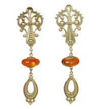 VTG Gold Brass Filigree Orange Lucite Earrings Chandelier Fleur De Lis Clip On - $29.65