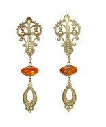 VTG Gold Brass Filigree Orange Lucite Earrings Chandelier Fleur De Lis C... - $29.65