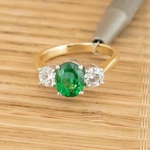 14K Yellow Gold GP 2.50Ct Oval Green Emerald Simulated Diamond Three Stone Ring - £110.43 GBP