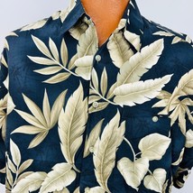 Corsini Hawaiian Aloha L Shirt Leaves Floral Tropical Blue Beige Palm Leaves - £23.91 GBP