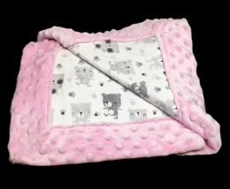 Pink Minky Dot Baby Blanket Teddy Bear Design LARGE 36&quot; x 24&quot; Unique Blankie - £50.28 GBP