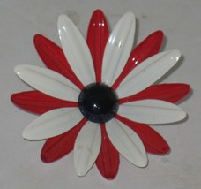 Vintage Red/White Enamel Black Center Flower Brooch Pin Costume Jewelry - $8.91