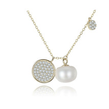 Half-Round Natural Pearl &amp; Diamonds Disk Charm 925 Silver Necklace Wedding Gift  - £90.37 GBP