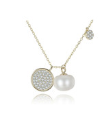 Half-Round Natural Pearl &amp; Diamonds Disk Charm 925 Silver Necklace Weddi... - £87.64 GBP