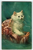 White Kitten Cat In Fancy Basket Postcard Chrome Cute Unposted Colourpicture - $8.48