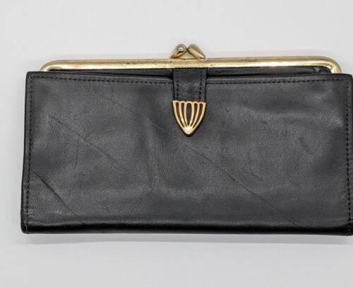 Primary image for Small Black Leather Clutch Wallet Vintage 50s 60s Unique Clasp Vtg