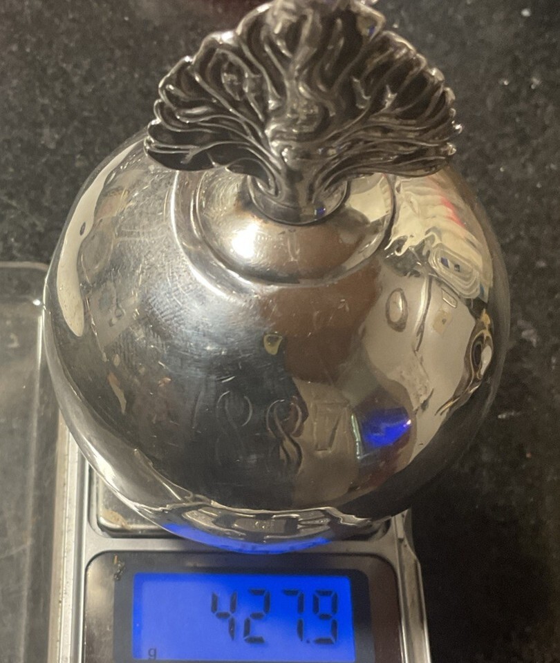 1887 Antique Heavy Sterling Silver Grenade Witch Ball Cigar Lighter Self Right Item image 11