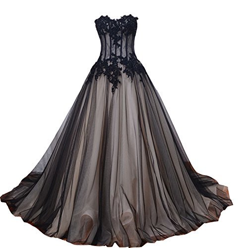 Kivary Sweetheart Long Black and Champagne Lace Tulle Gothic Corset Prom Wedding