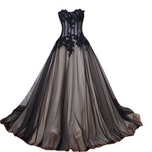 Kivary Sweetheart Long Black and Champagne Lace Tulle Gothic Corset Prom Wedding - £143.65 GBP