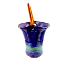 Purple Green Blended Pottery Vase Bamboo Handle - £13.66 GBP