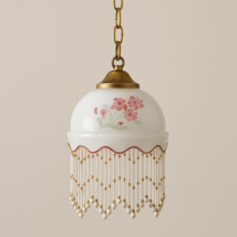 Vintage Hand-Painted Glass Pendant Lamp with Beaded Fringe – Floral Desi... - $3,605.17 MXN