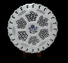 8&quot; White Marble Grill Round Plate Lapis Lazuli Inlay Floral Living Room ... - £218.68 GBP