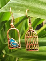 Bird Cage Earrings Blue Enamel Rose Gold Plated Quality Fashion Earrings - £3.30 GBP