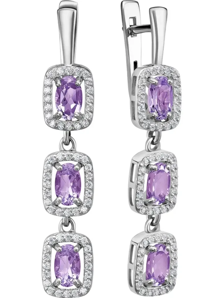 Long earrings with natural amethyst and cubic zirconia, 925 sterling silver - $115.00