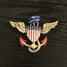 USA Vintage Military Brass Pin Patriot Nautical Enamel America Flag Wings Brooch - £98.92 GBP