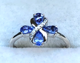 Tanzanite &amp; White Zircon Floral Ring in Platinum Sterling Silver 0.80 ctw Sz 7 - £31.48 GBP