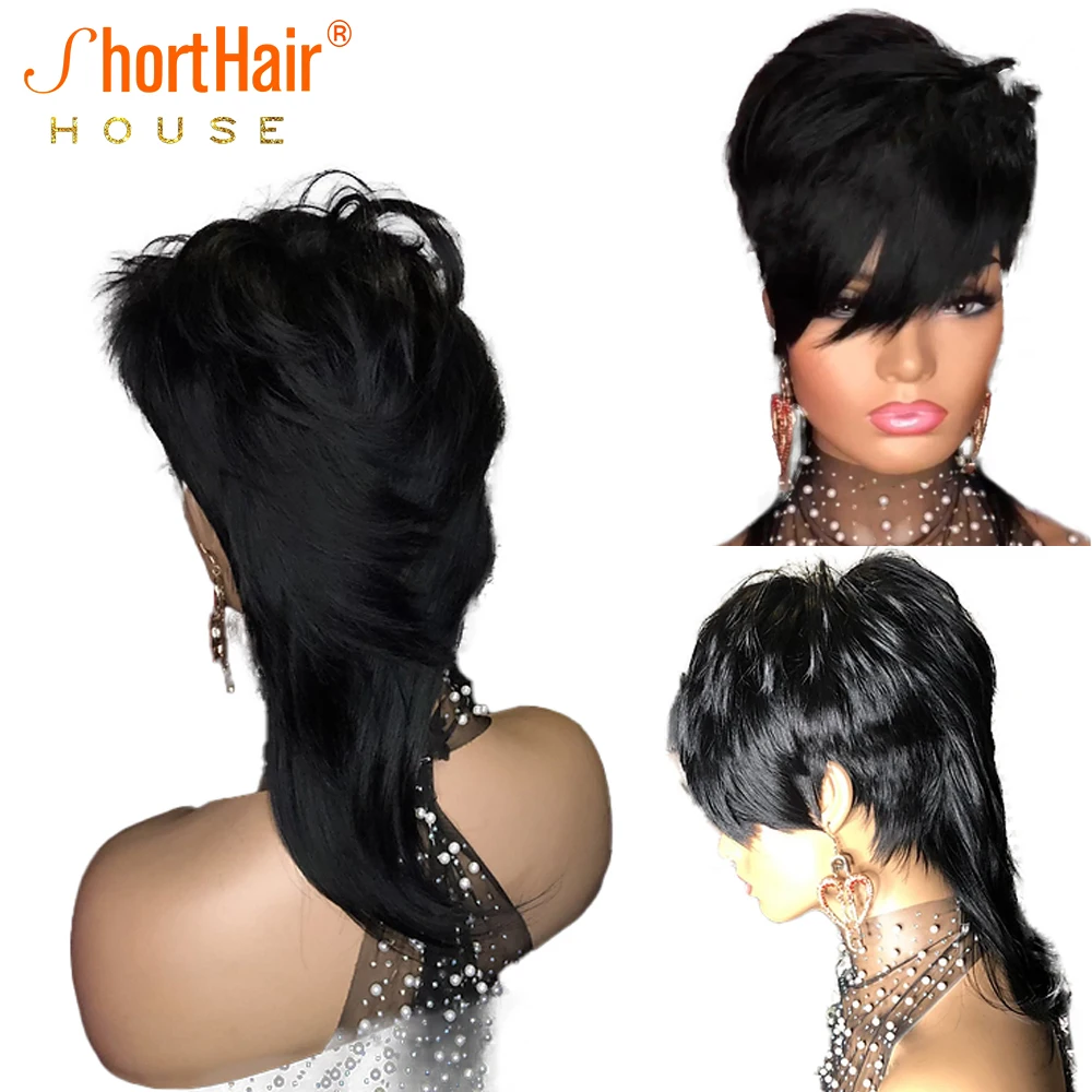 Pixie Cut Wigs Human Hair Full Machine Made Wig With Bangs Dovetail Straight - £41.93 GBP+