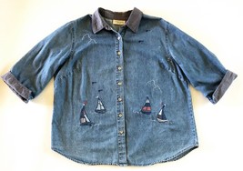 Denim Shirt Embroidered Sailboats Seagulls Granny Core Millineal 20W 2XL - £15.02 GBP