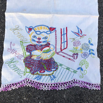 Vintage Kitchen Dish Towel White Purple Fringe Cotton Linen Embroidered Cat - £12.25 GBP