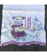 Vintage Kitchen Dish Towel White Purple Fringe Cotton Linen Embroidered Cat - $15.49