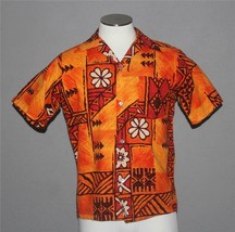 VTG Barkcloth Bright Orange Brown Tribal Floral Hawaiian S/S Shirt Men&#39;s... - £35.96 GBP
