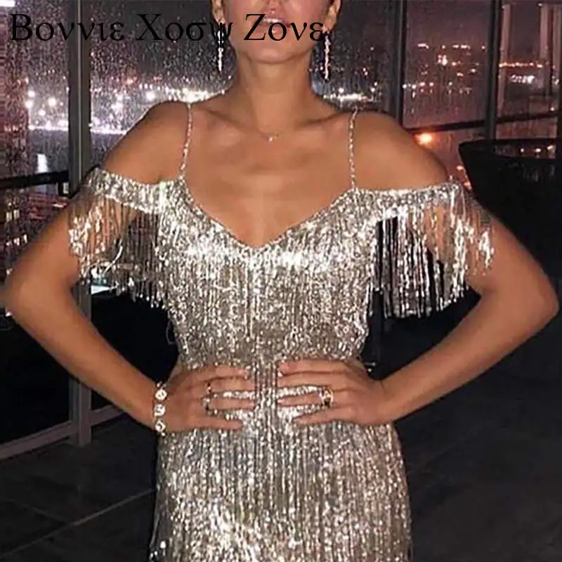 Sporting Women Cold shoulder Sequin TAel Fringe Dress Sparkly Backless Ay Bodyco - £61.92 GBP