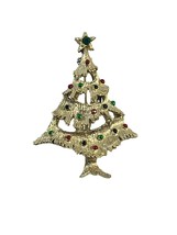 Vintage Gerrys Brooch Pin Christmas Tree Gold Tone Enamel Rhinestone 2&quot; Long - £14.80 GBP