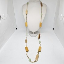 Vintage Long Carved Asian Beads Jasper Necklace Gold Tone Chain - £18.34 GBP