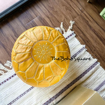 Handmade &amp; Hand-Stitched Moroccan Pouf, Genuine Leather Ottoman, Yellow Tan  - £59.79 GBP