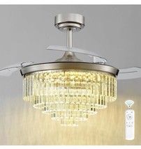 42&quot; Invisible LED Ceiling Fan Light Crystal Retractable Chandelier Lamp ... - $128.69