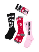 Victoria&#39;s Secret PINK Knee High Socks Box Gift Set 3 Pair NEW!! - £17.39 GBP