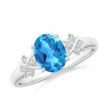 ANGARA 8x6mm Natural Swiss Blue Topaz Criss Cross Ring with Diamonds in Silver - £286.27 GBP+