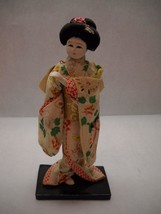 Vintage Chinese Paper Mache Doll Black Stand Butterfly Kimono Traditional Wig - £43.98 GBP